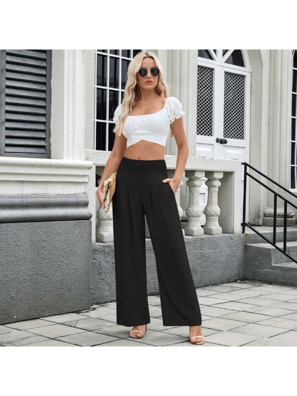 Chic Women's Wide Leg Palazzo Pants - Casual Flowy, Elastic Waist, Pockets - Picture 3 of 5
